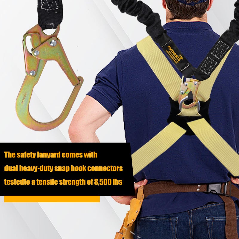 TT TRSMIMA TRSMIMA Safety Harness Lanyard Retractable - Fall Protection Climbing Tree Strap 6 FT Double Leg Internal Shock Absorbing with Rebar & Snap Hook - Image 3